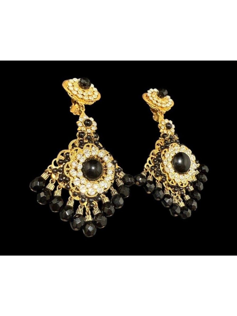 Vintage Miriam Haskell Statement Earrings Beaded Rhinestone Filigree Gold Tone